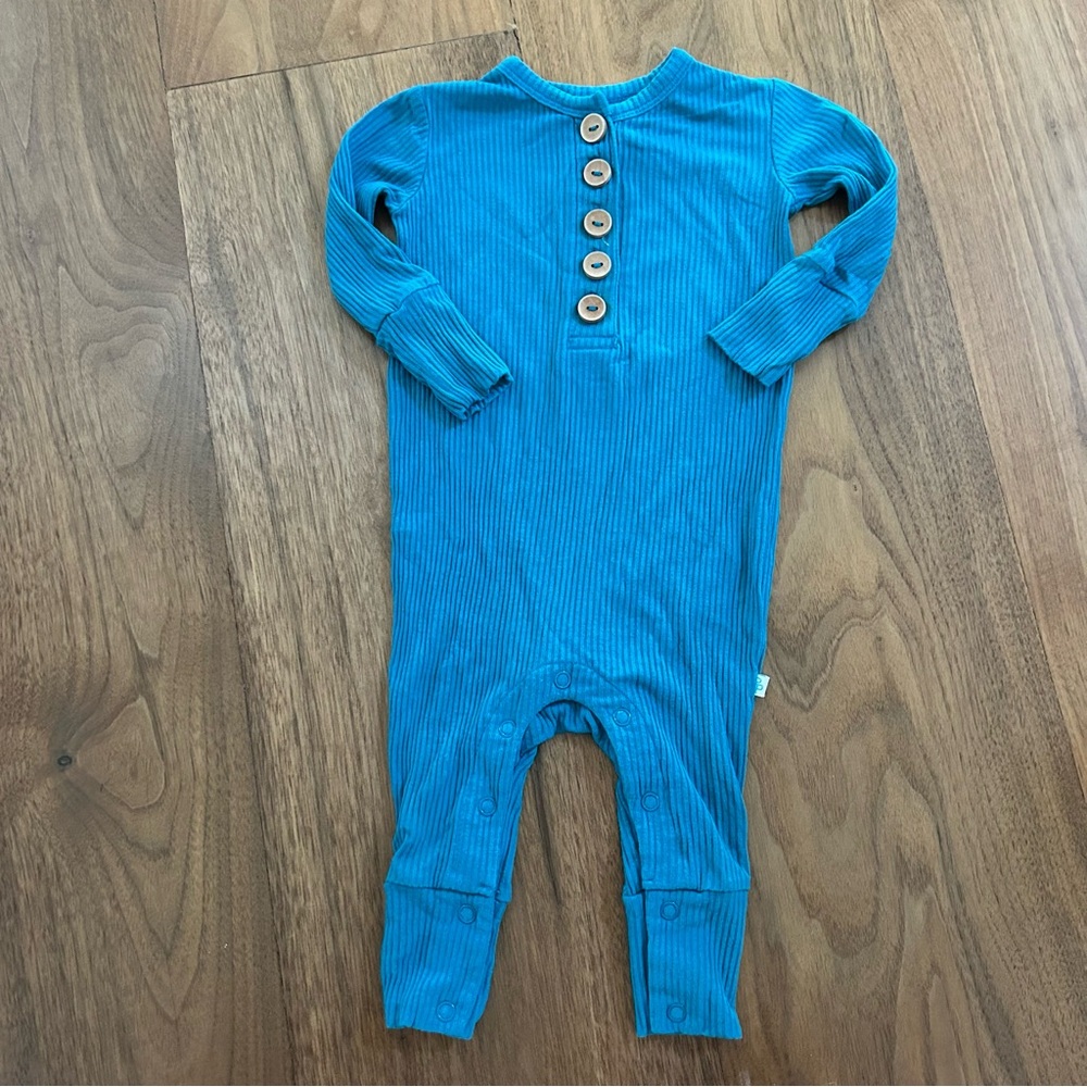 Posh Peanut Teal Kids One Piece Ribbed Bamboo Romper with Button Accents